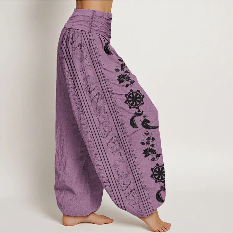 Buddha Stones Dharma Wheel Lotus OM Pattern Women's Elastic Waist Harem Pants