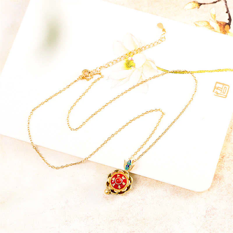 Buddha Stones 925 Sterling Silver Tibet Lotus Prayer Wheel Red Agate Enlightenment Necklace Pendant