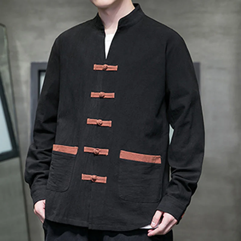 Buddha Stones Men's Stand Collar Frog-button Cotton Linen Long Sleeve Shirt With Pockets