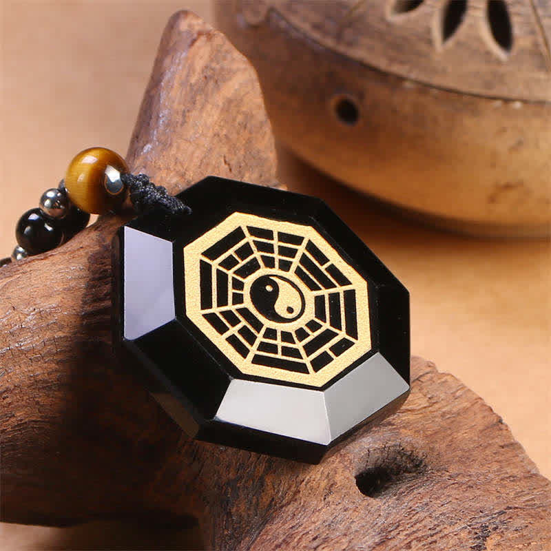 Buddha Stones Bagua Yin Yang Black Obsidian Purification Beaded Necklace Pendant