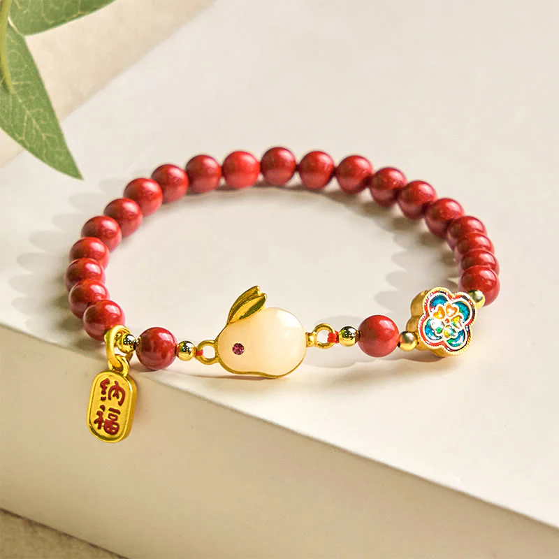 Buddha Stones Cinnabar Cute Rabbit Bunny Fu Character Calm Bracelet