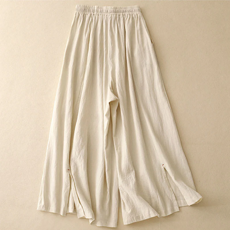Buddha Stones Casual Side Slits Design Cotton Women's Wide Leg 7-8 Length Pants With Pockets