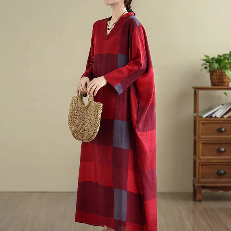 Buddha Stones Spliced Plaid Pattern Cotton Linen Women's Maxi Dress With Pockets