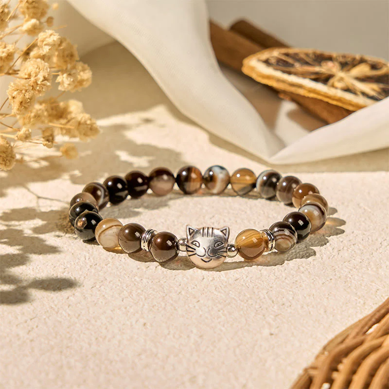 Buddha Stones Chocolate Siamese Cat Natural Brown Striped Agate Bead Stability Bracelet