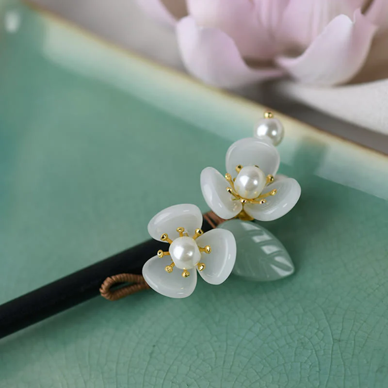 Buddha Stones Grain Wood Liuli Magnolia Flowers Pearl Protection Hairpin