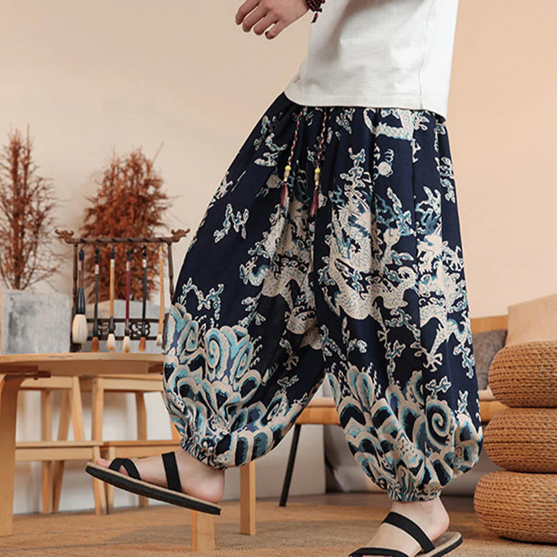 Buddha Stones Dragon Print Cotton Men's Harem Ankle-Length Pants With Pockets