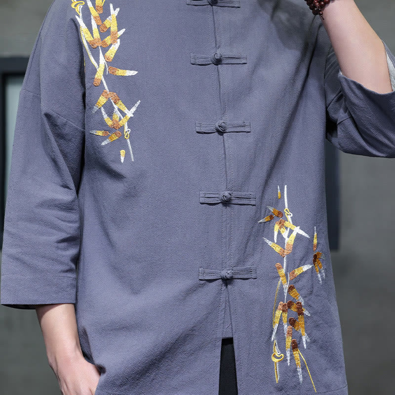 Buddha Stones Embroidery Men's  Chinese Frog-Button Three Quarter Sleeve Shirt Clothing