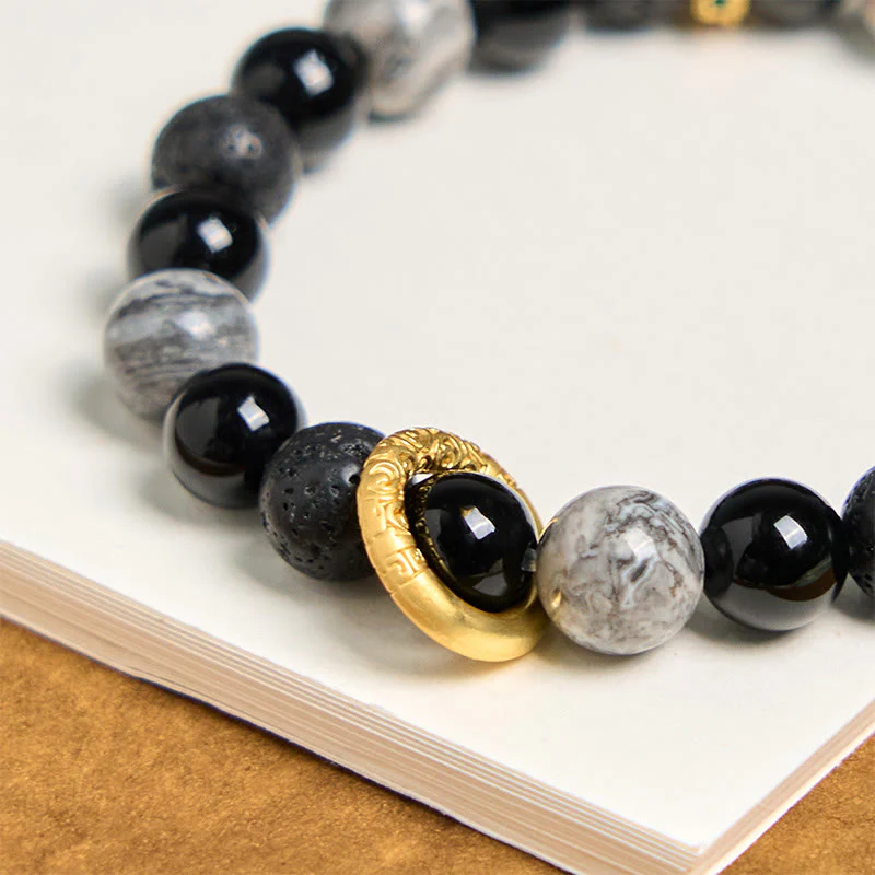Buddha Stones Lava Rock Black Onyx Picasso Jasper Healing Bracelet