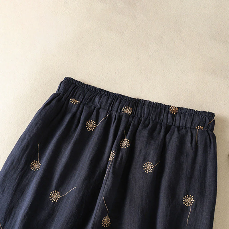 Buddha Stones MidnightBlue Commute Casual Dandelion Pattern Women's Wide Leg Cotton Linen Pants