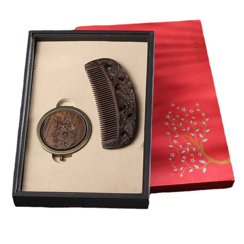Buddha Stones Natural Green Sandalwood Rosewood Lotus Flower Peacock Butterfly Engraved Soothing Comb
