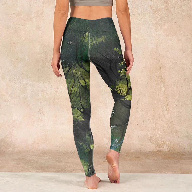Buddha Stones ForestGreen Leaves Black Lines Print Exercise Leggings Women's Yoga Pants