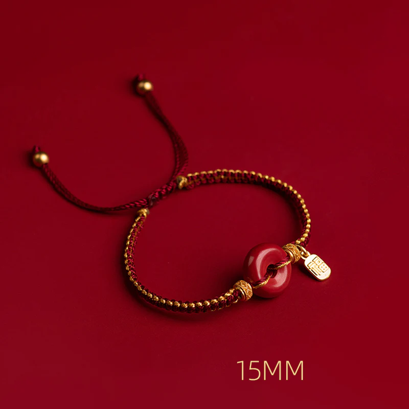 Buddha Stones Natural Cinnabar Peace Buckle Fu Character Charm Blessing Braided Bracelet