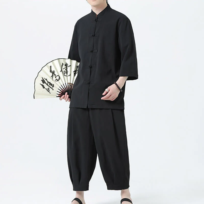 Buddha Stones 2Pcs Solid Frog-Button Three Quarter Sleeve Shirt Pants Men's Set