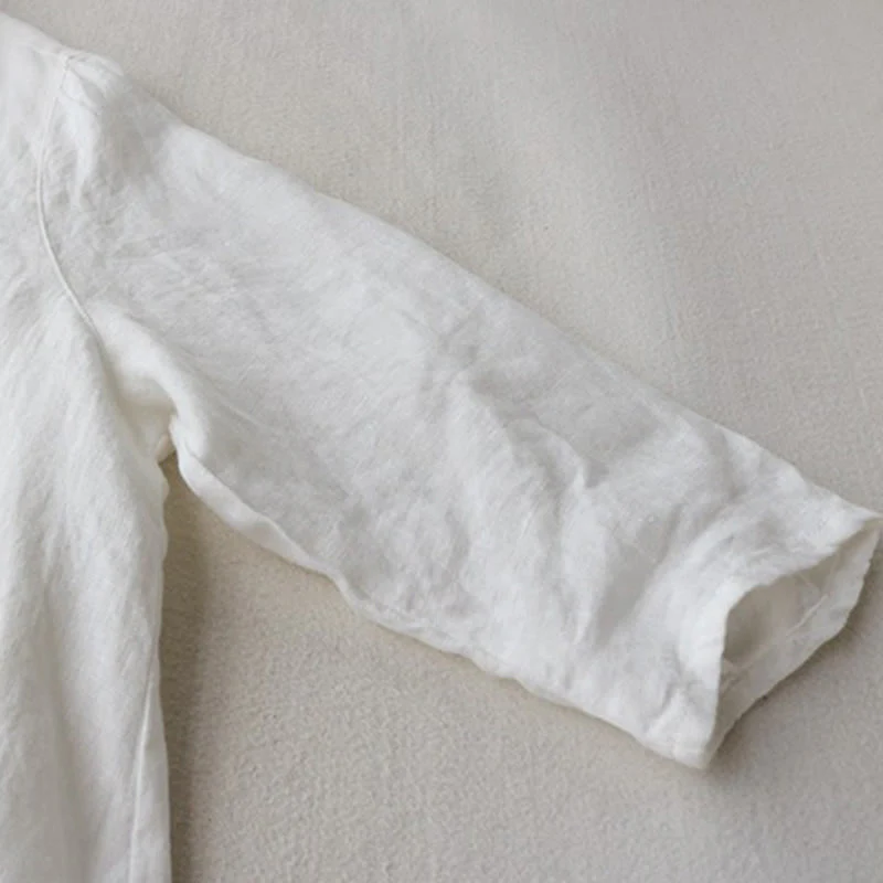 Buddha Stones Buttons Design Lapel Three Quarter Sleeve Cotton Linen Midi Dress With Pockets