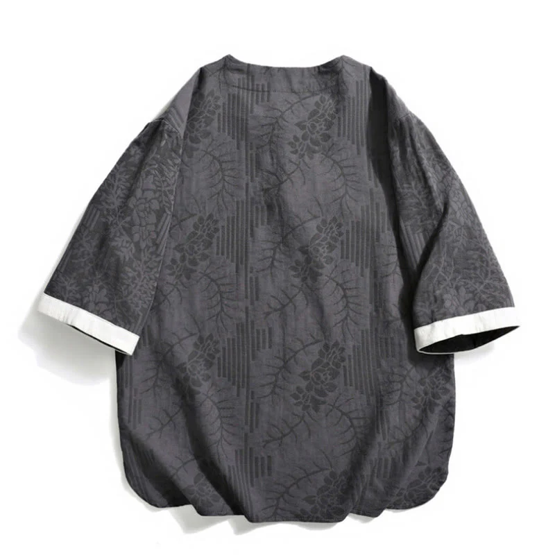 Buddha Stones Casual Retro Jacquard Chinese Frog-Button Design Men's Crew Neck Half Sleeve Cotton Shirt