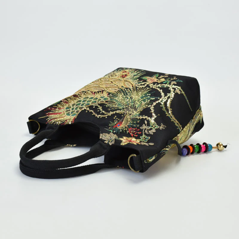 Buddha Stones Peacock Double-sided Embroidery Tote Bag Shoulder Bag Crossbody Bag