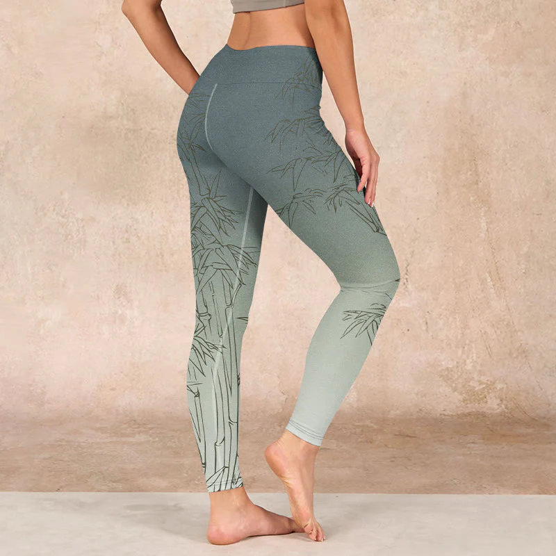 Buddha Stones Bamboo Leaves Sketch Print Sports Leggings Women's Yoga Pants