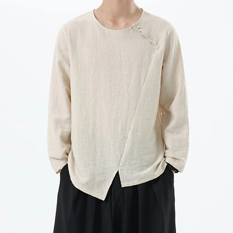 Buddha Stones Men's Long Sleeve Round Collar Comfort Cotton Linen Shirt