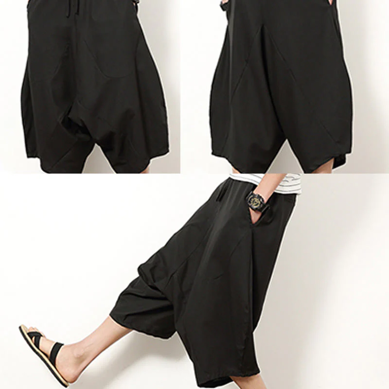 Buddha Stones Spring Plain Simple Patchwork Design Drawstring Cotton Linen Men's 7-8 Length Wide Leg Pants With Pockets