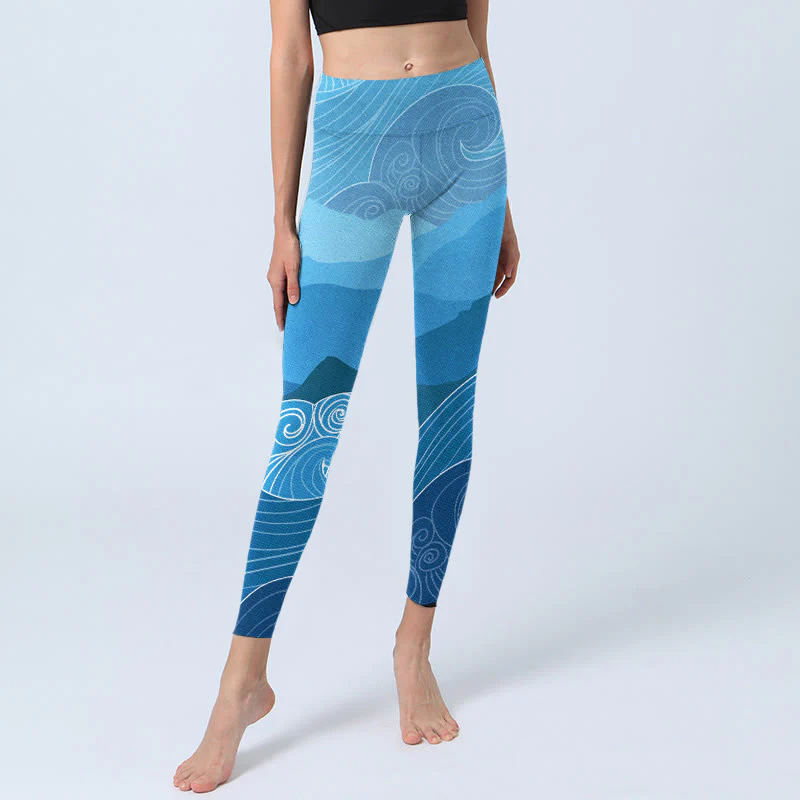 Buddha Stones Blue Waves Mountains Print Gym Leggings Women's Yoga Pants