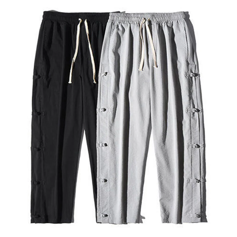 Buddha Stones Casual Patchwork Crane Pattern Frog-Button Design Men's Wide Leg Pants With Pockets