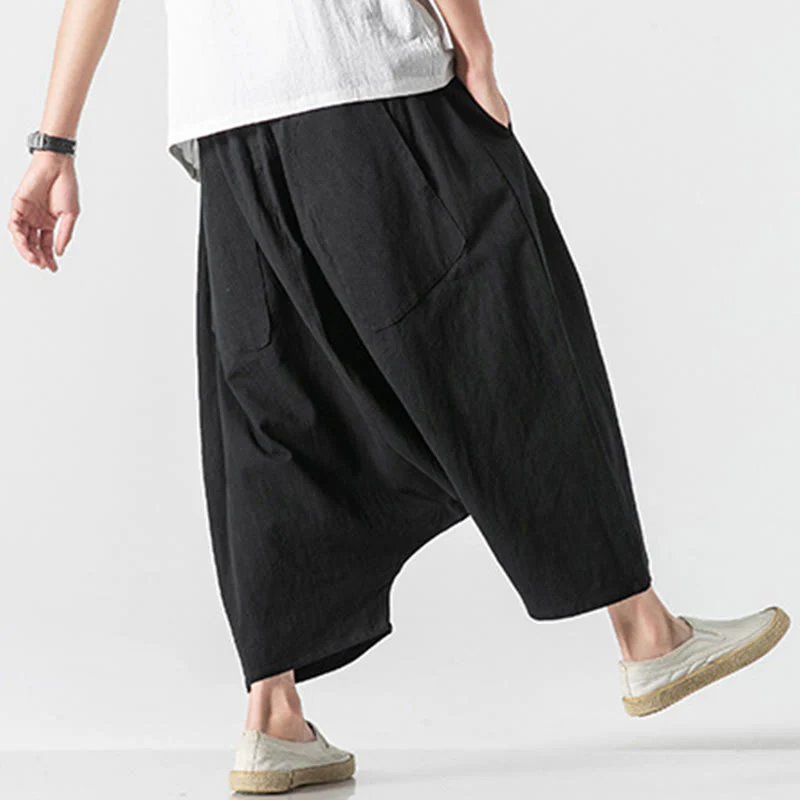 Buddha Stones Casual Low Crotch Design Drawstring Men's 7-8 Length Cotton Linen Wide Leg Pants With Pockets