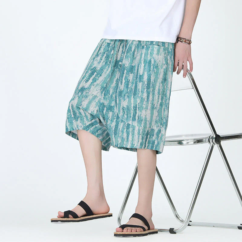 Buddha Stones Summer Stripes Cotton Linen Men's Capri Pants With Pockets
