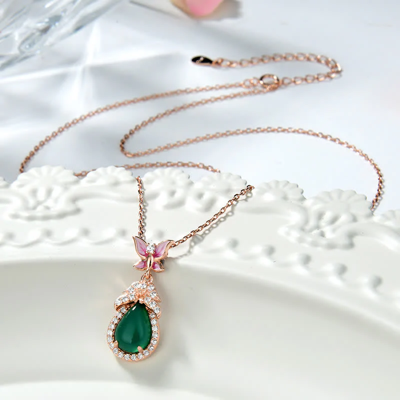 Buddha Stones 925 Sterling Silver Green Chalcedony Butterfly Zircon Courage Necklace Pendant