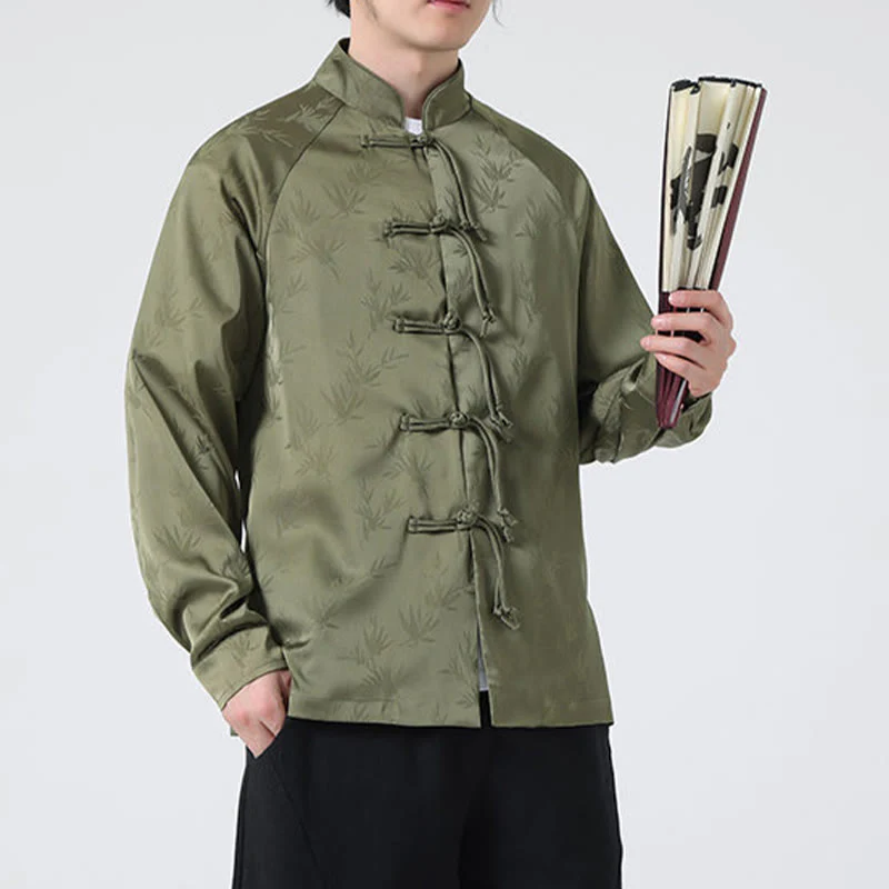 Buddha Stones Spring Jacquard Bamboo Leaves Pattern Chinese Frog-Button Design Men's Long Sleeve Shirt