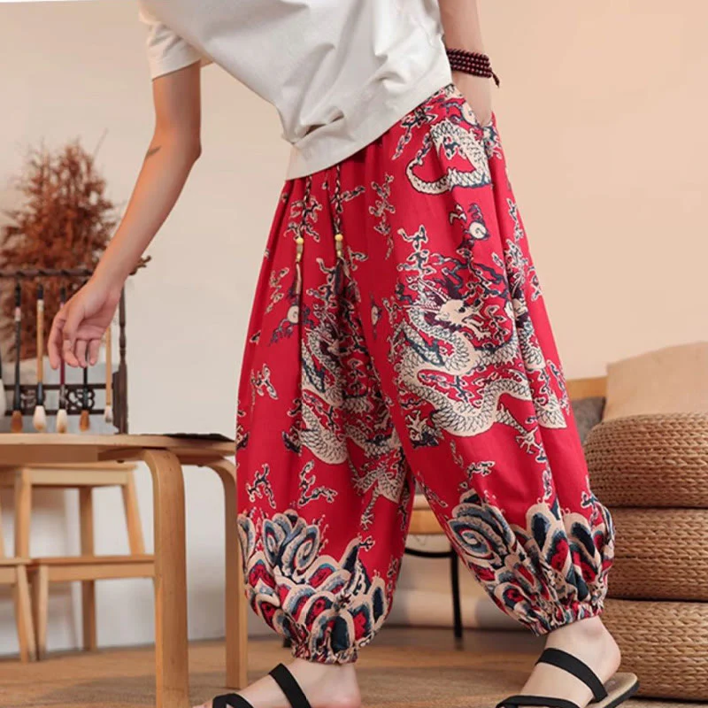 Buddha Stones Dragon Print Cotton Men's Harem Ankle-Length Pants With Pockets