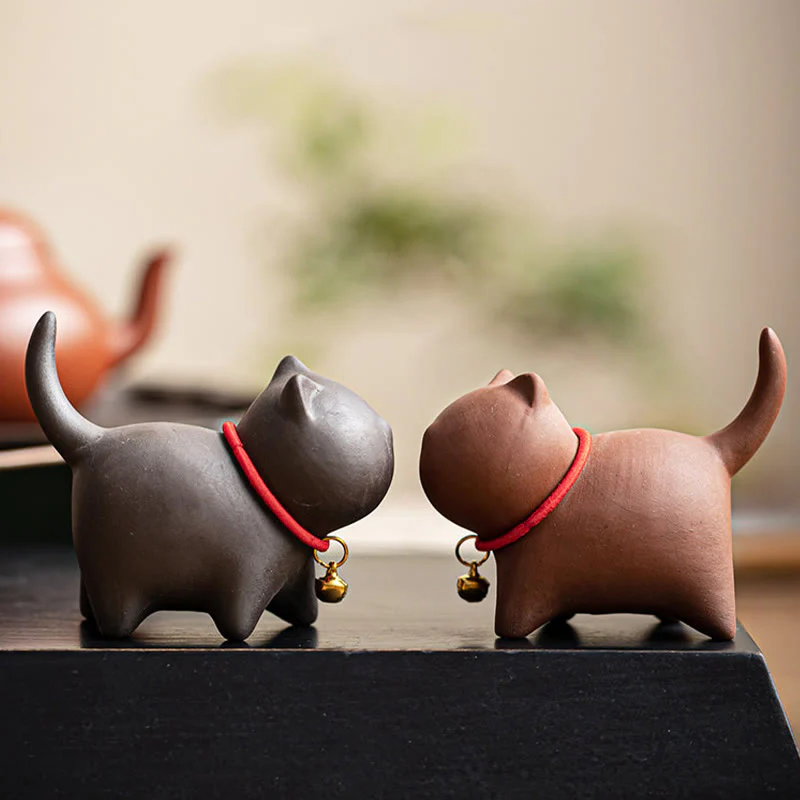 Buddha Stones Mini Lovely Red Rope Bell Cat Tea Pet Purple Clay Figurine Desk Decoration