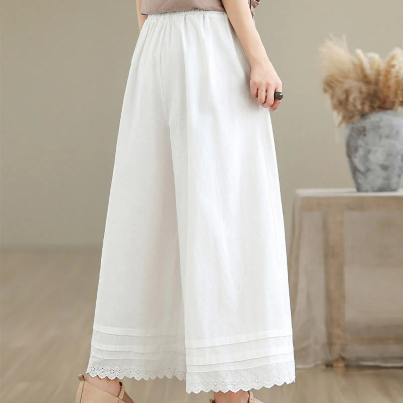 Buddha Stones Commute Simple Lace Design 7-8 Length Women's Wide Leg Cotton Linen Pants With Pockets