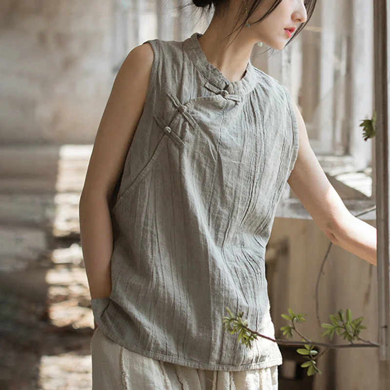 Buddha Stones Summer Tie-dye Frog-Button Ramie Cotton Sleeveless Women's Vest