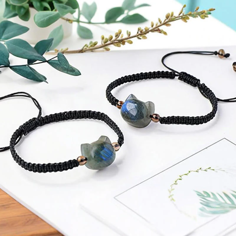 Buddha Stones Natural Labradorite Cute Cat Head Black Rope Healing Bracelet