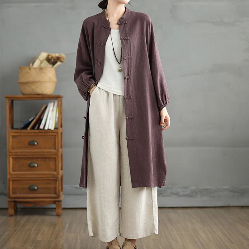 Buddha Stones Casual Frog-button Women's Cotton Linen Coat With Pockets