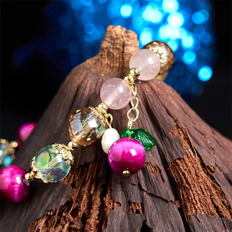 Buddha Stones Natural Red Tiger Eye Purple Tiger Eye Beads Green Leaf Protection Bracelet