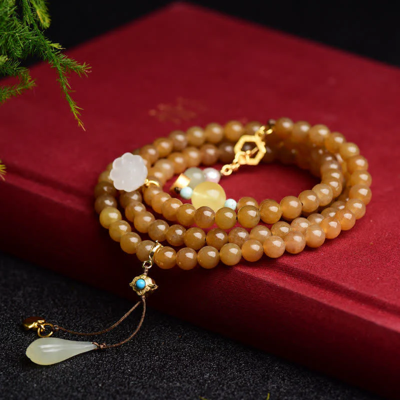 Buddha Stones Natural Hetian Topaz Amber Lotus White Jade Pearl Success Bracelet