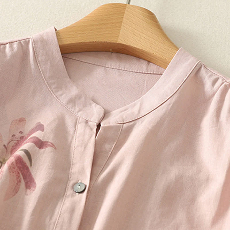 Buddha Stones Casual Daily Printing Lily Pattern Half Puff Sleeve Women's Cotton Linen Shirt
