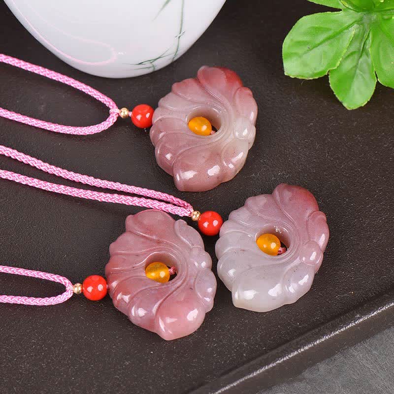 Buddha StonesPink Golden Silk Jade Lotus Flower Wealth Necklace Pendant