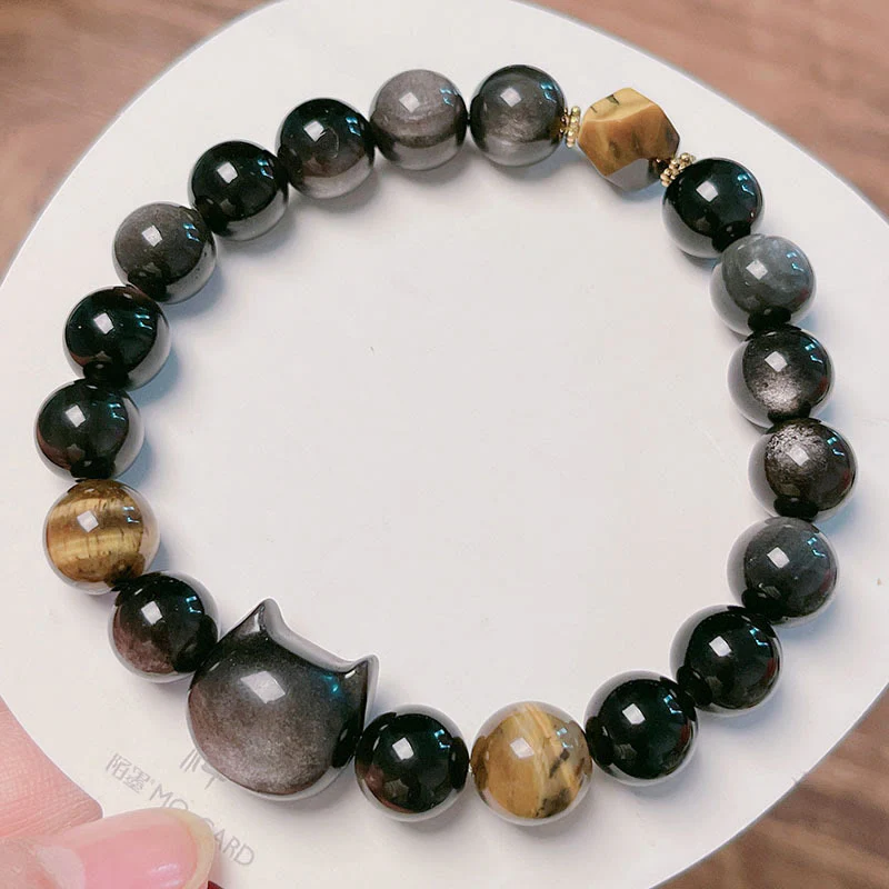 Buddha Stones Natural Silver Sheen Obsidian Beads Cute Cat Soothing Bracelet