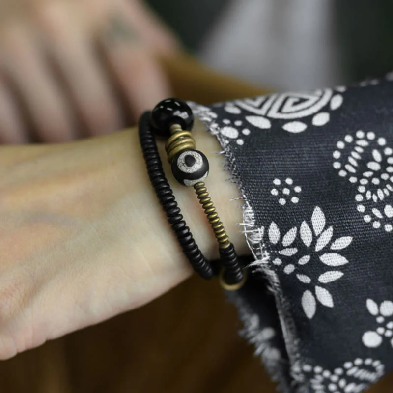 Buddha Stones Ebony Wood Green Sandalwood Copper Brass Dzi Bead Black Onyx Calm Double Wrap Bracelet