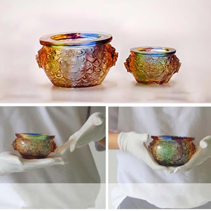 Buddha Stones Handmade Liuli Crystal Treasure Bowl Art Piece Home Decoration