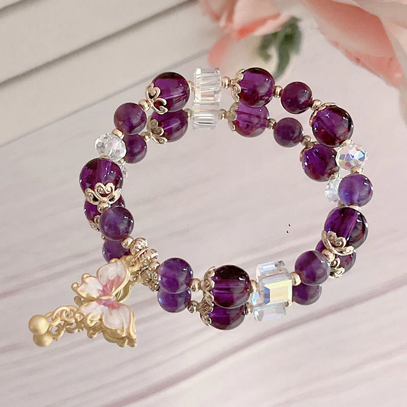 Buddha Stones Natural Amethyst Sun Stone Butterfly Peace Bracelet