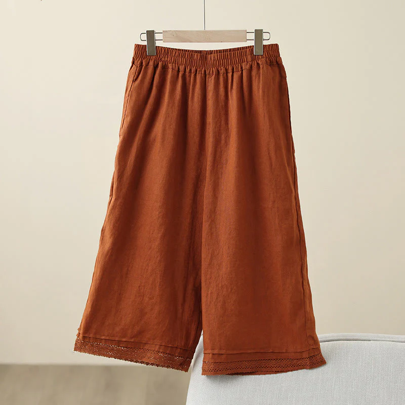 Buddha Stones Commute Retro Plain Lace Patchwork Design 7-8 Length Women's Wide Leg Cotton Pants With Pockets