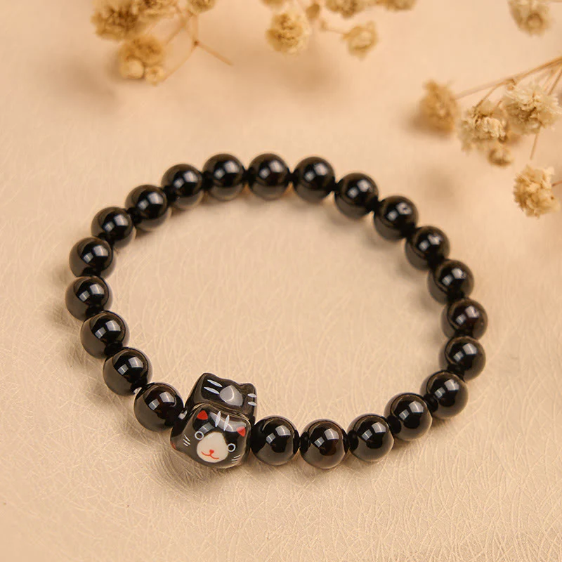 Buddha Stones Black Cat Natural Black Onyx Ceramic Kitten Support Bracelet