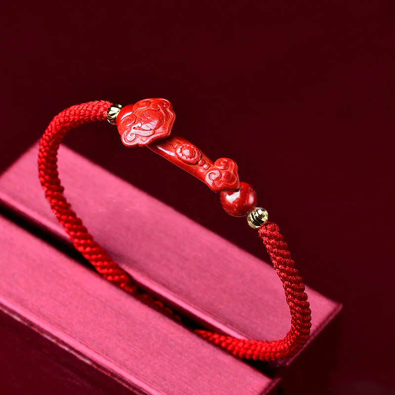 Buddha Stones Handcrafted Pixiu Cinnabar Ruyi Stick Wealth Luck Braided Bracelet