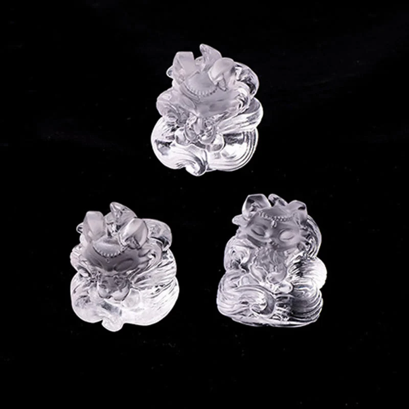 Buddha Stones Natural White Crystal Mini Small Nine Tailed Fox Carved Healing Home Decoration
