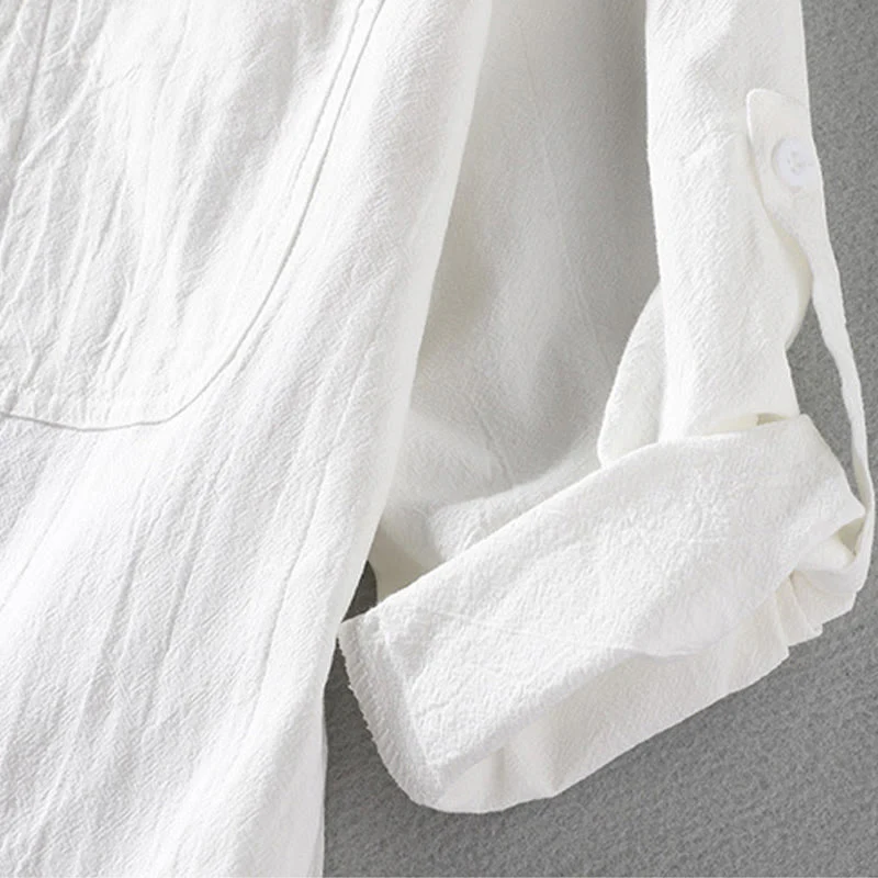 Buddha Stones Summer Solid Men's Buttons Half Sleeve Cotton Linen Shirt