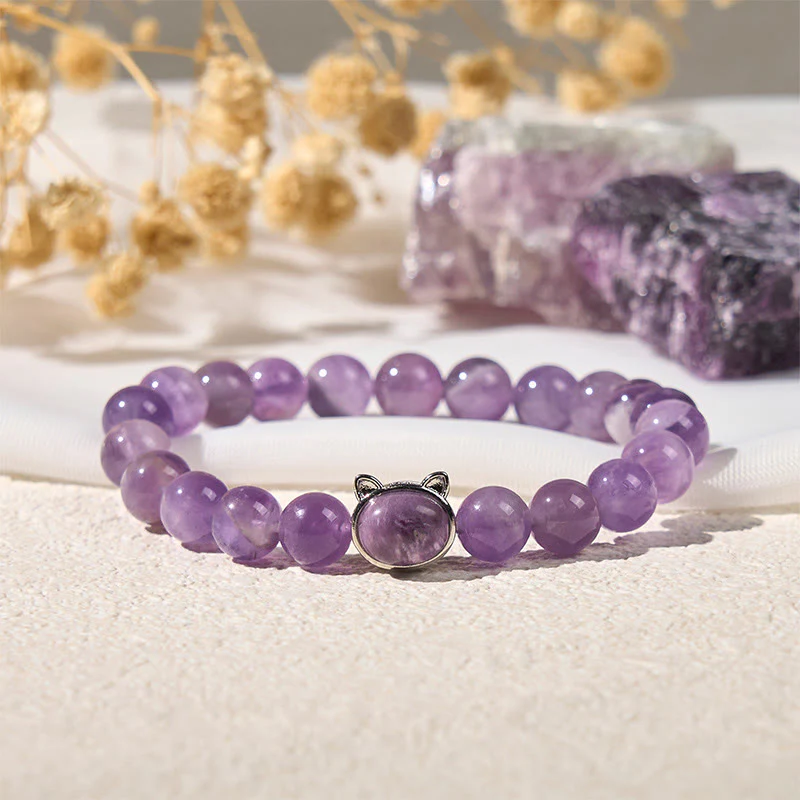 Buddha Stones Cute Cat Face Amethyst Relieves Stress Bracelet