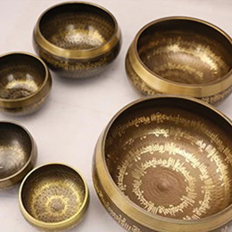 Buddha Stones Handcrafted Singing Bowl Scripture Pattern for Healing and Meditation Sound Bowl Set